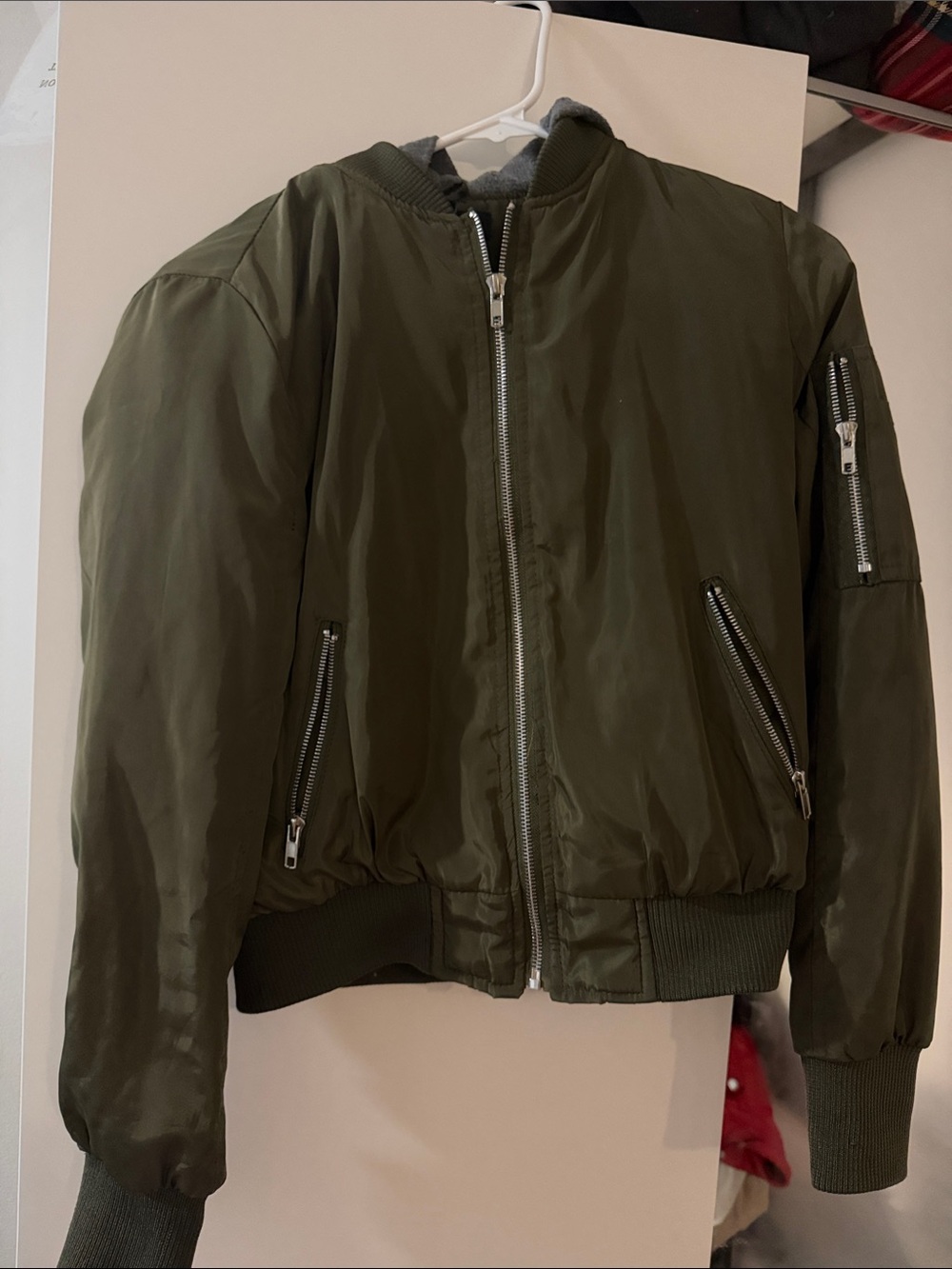 Olive Green Bomber Jacket with Silver Zippers